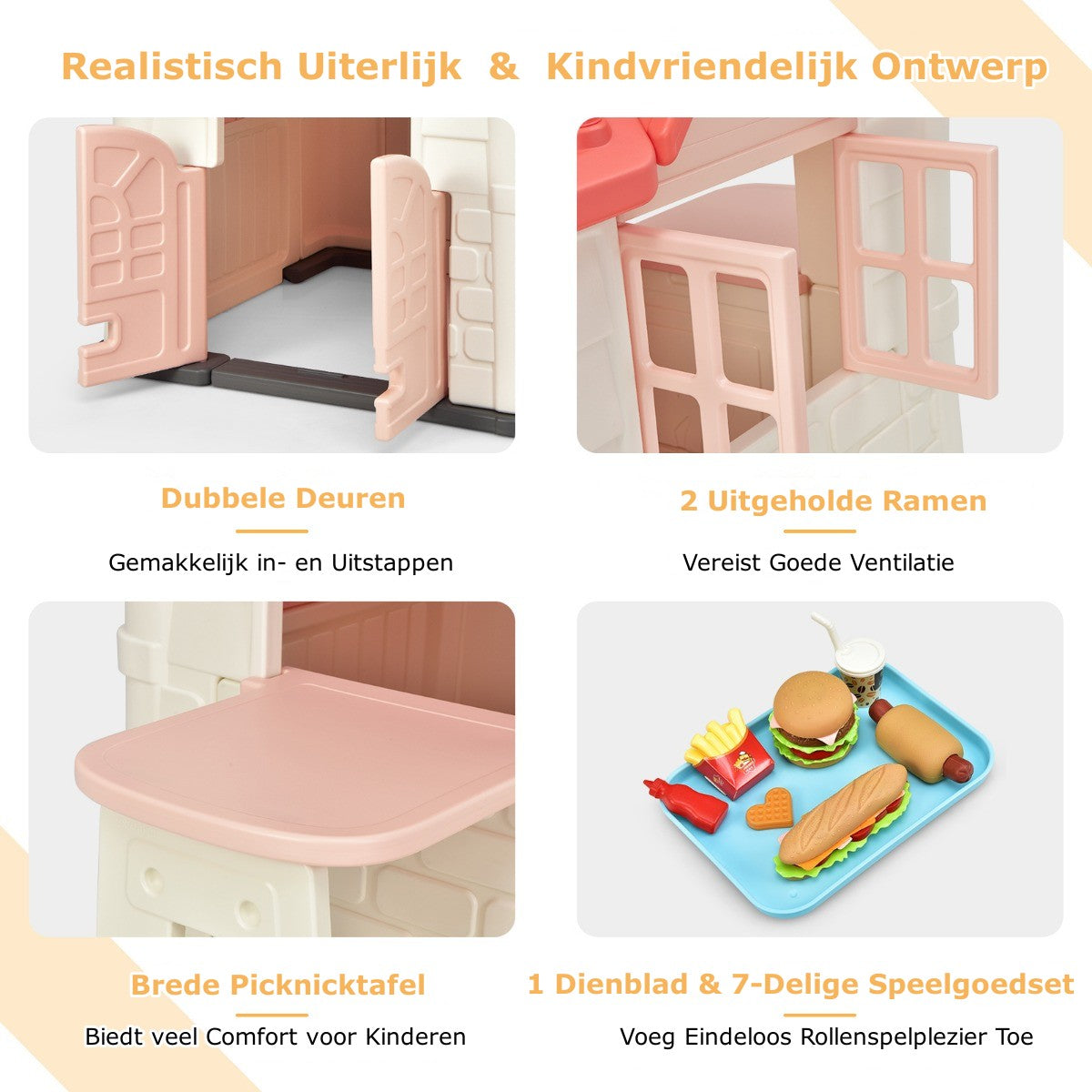 LIVSK Kinderspeelhuisje - Duurzaam HDPE - Werkende Deuren & Ramen - Inclusief Tafel en Snackset - Voor Binnen & Buiten - Roze