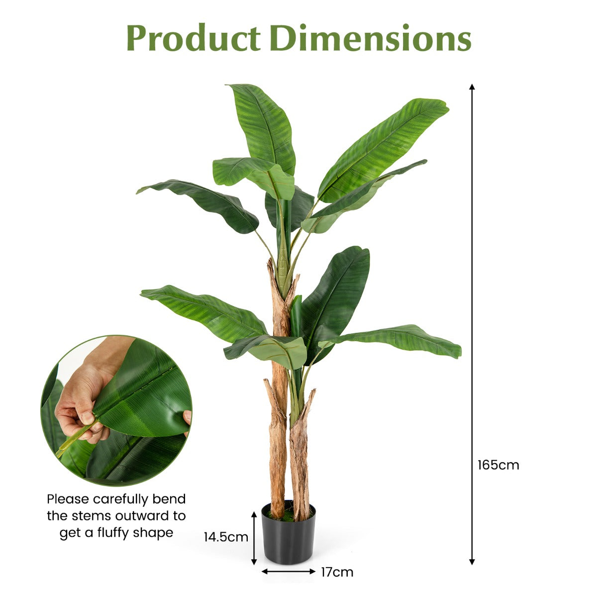 Livsk costway 165 cm hoge kunstmatige bananenboom met 10 grote bladeren dubbele stengels en natuurlijke schors groene potplant groen 1 1