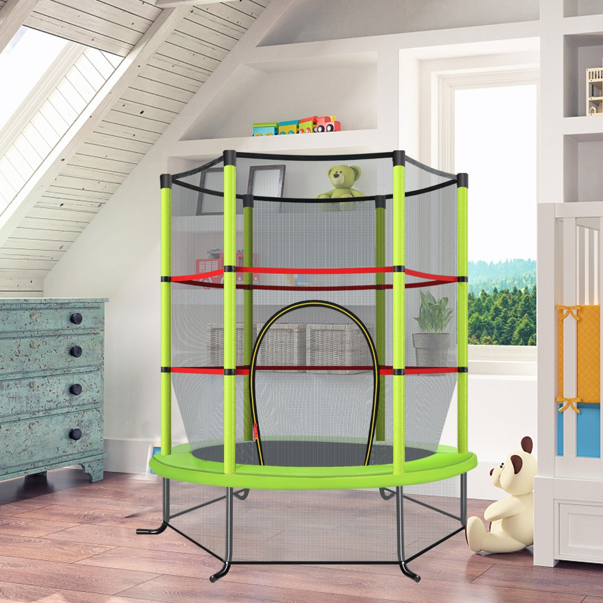 LIVSK Peutert trampoline met 360° veiligheidsnet - 30 spankoorden voor hoge sprongen - Stabiliteit - Tot 135 kg - Groen