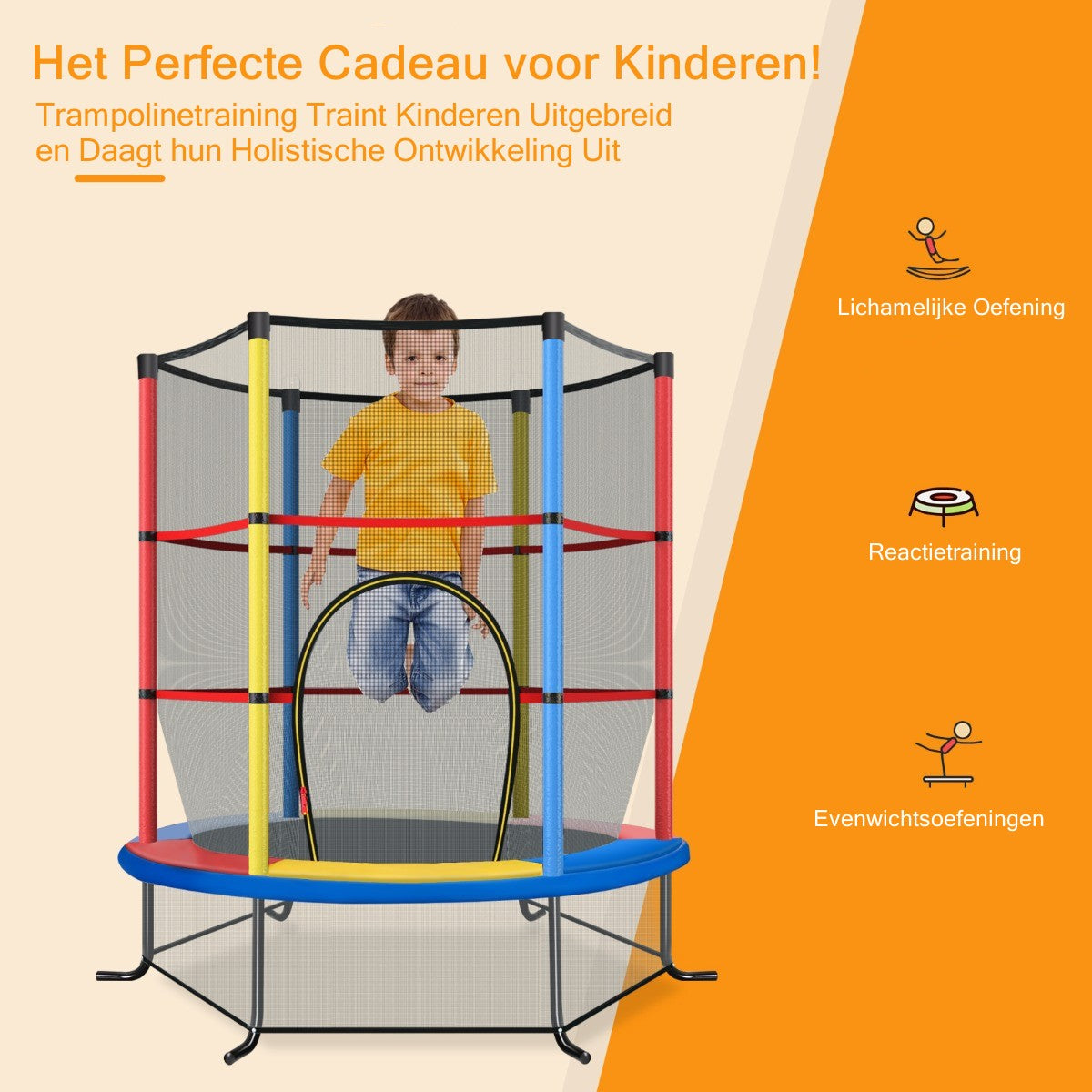 LIVSK Peutert trampoline met 360° veiligheidsnet - 30 spankoorden - Stabiele constructie - Voor kinderen - Kleurrijk