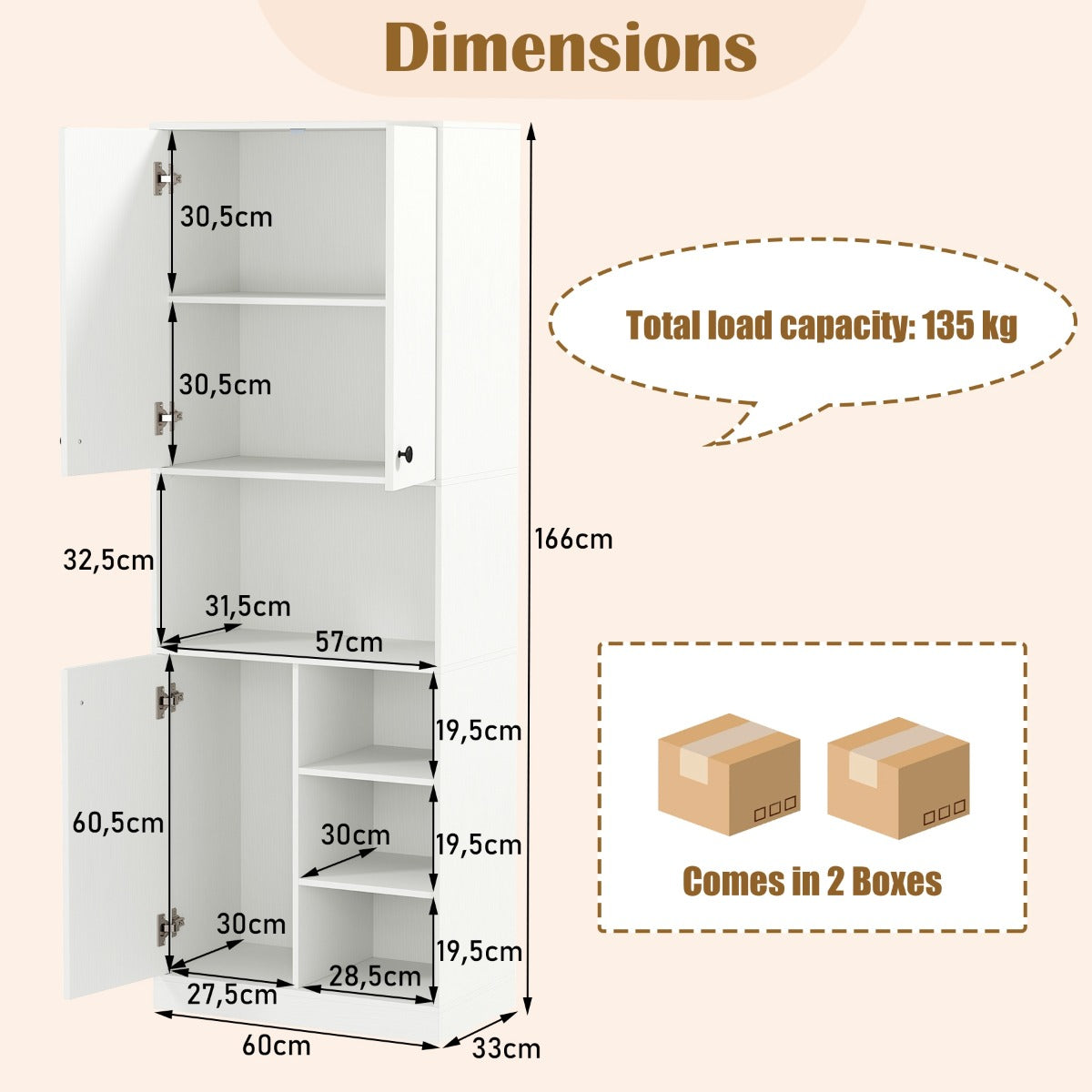 LIVSK Keukenkast met Magnetronplank - Multifunctioneel en Waterafstotend - Inclusief Dubbele en Enkele Deur - 60 x 33 x 166 cm -