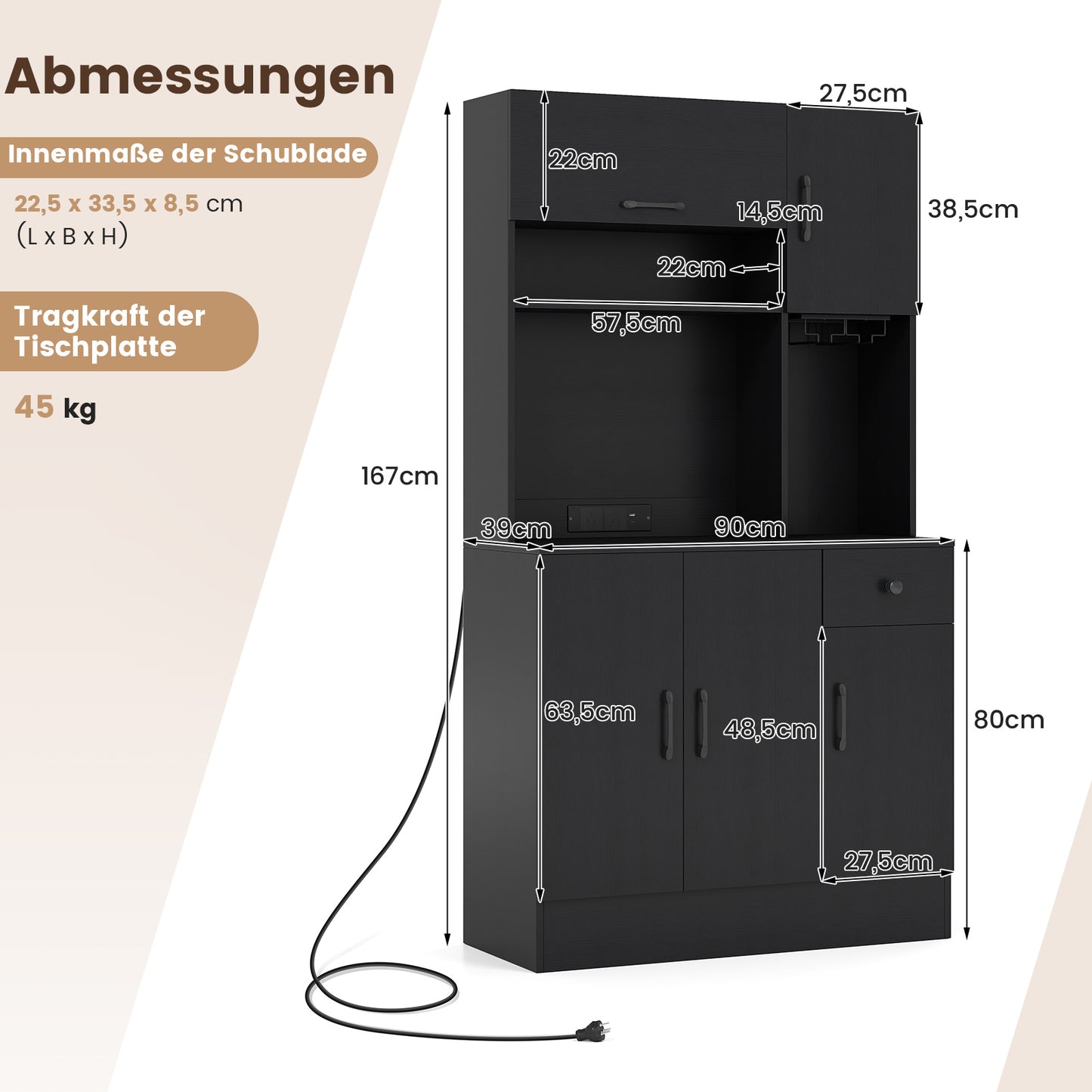 LIVSK Buffetkast met Opklapbare Kast - Verstelbare Planken - Oplaadstation - Uittrekbare Lade - 90 x 39 x 167 cm - Zwart