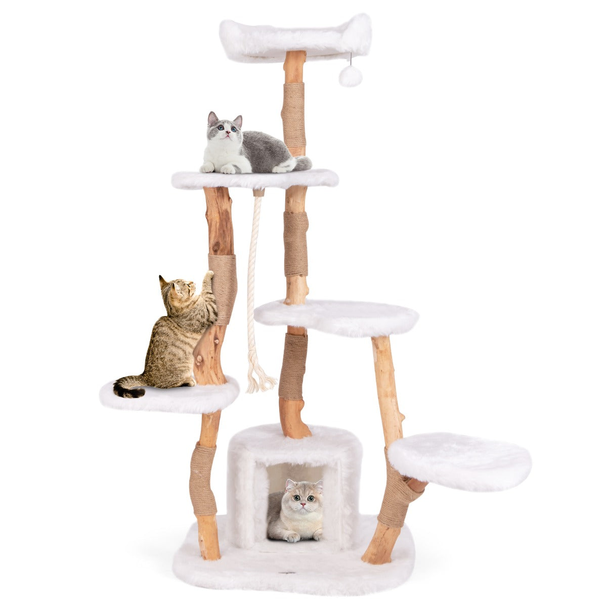 Livsk costway 168 cm houten krabpaal met platforms hol krabpalen sisaltouw kattenboom 1 1