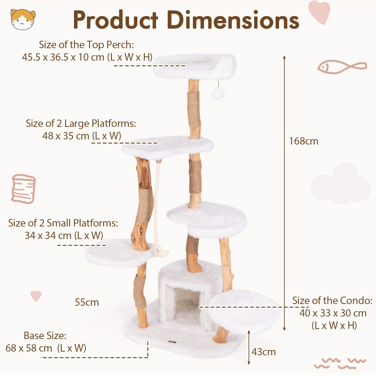 Livsk costway 168 cm houten krabpaal met platforms hol krabpalen sisaltouw kattenboom 2