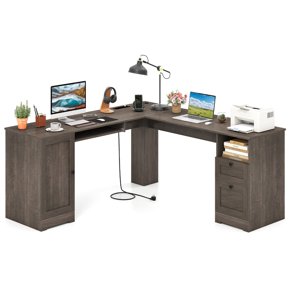 LIVSK L-vormig hoekbureau met Oplaadstation - Verstelbare Plank - Toetsenbordlade - Draagvermogen 125 kg - Bruin