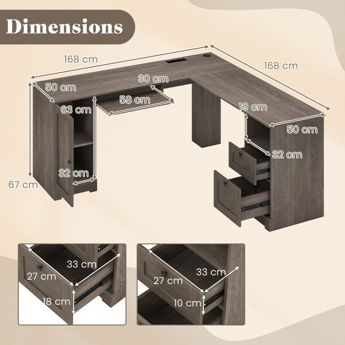 LIVSK L-vormig hoekbureau met Oplaadstation - Verstelbare Plank - Toetsenbordlade - Draagvermogen 125 kg - Bruin