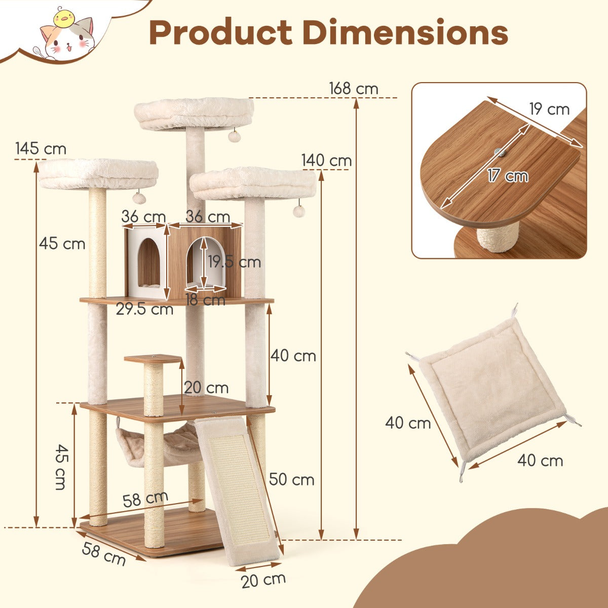 LIVSK Kattenboom - 3 Platforms - Hangmat - Krabpalen en Ballen - Hoogte 168 cm - Ultiem Comfort - Natuurlijk + Wit