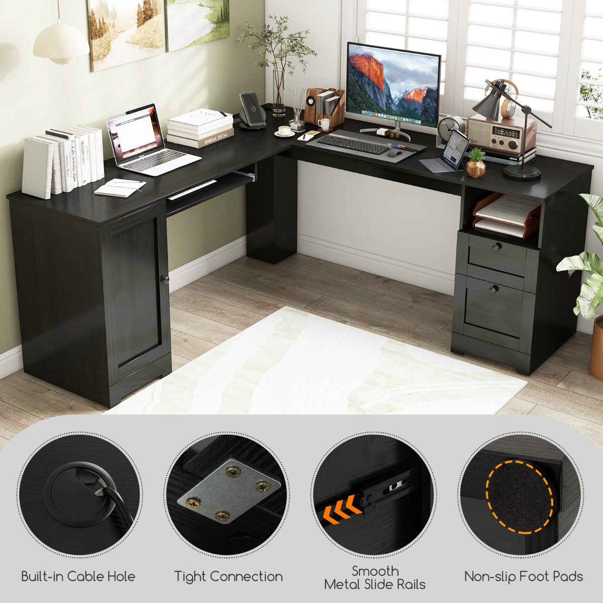 LIVSK L-vormig Hoekbureau - Ruim 168 x 168 x 76 cm - Oplaadstation met USB en Type-C - Tot 125 kg - Zwart