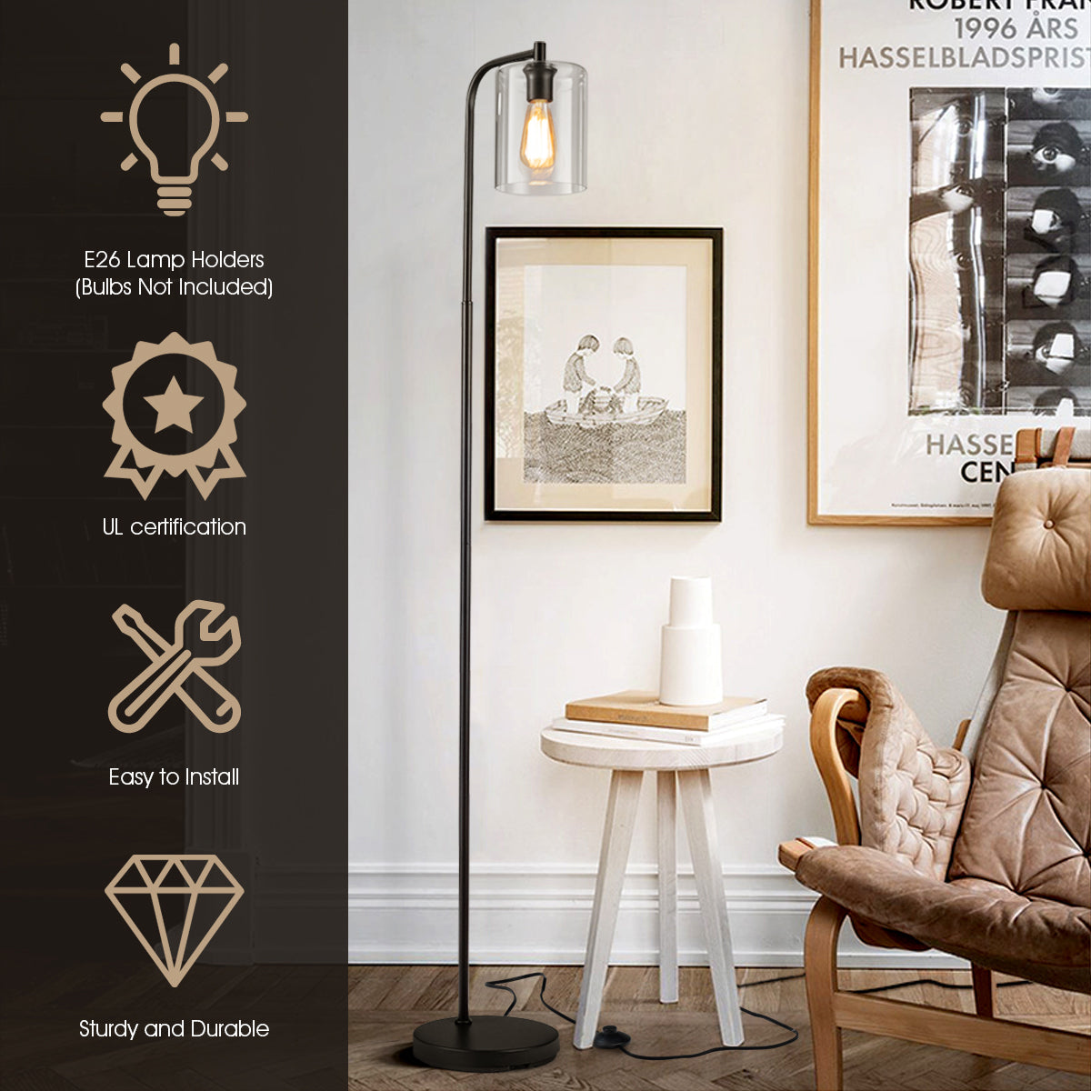 LIVSK Industriële Vloerlamp - Zwarte Metalen Basis - Glazen Lampenkap - Vintage Design - Helder Licht tot 60W - Zwart