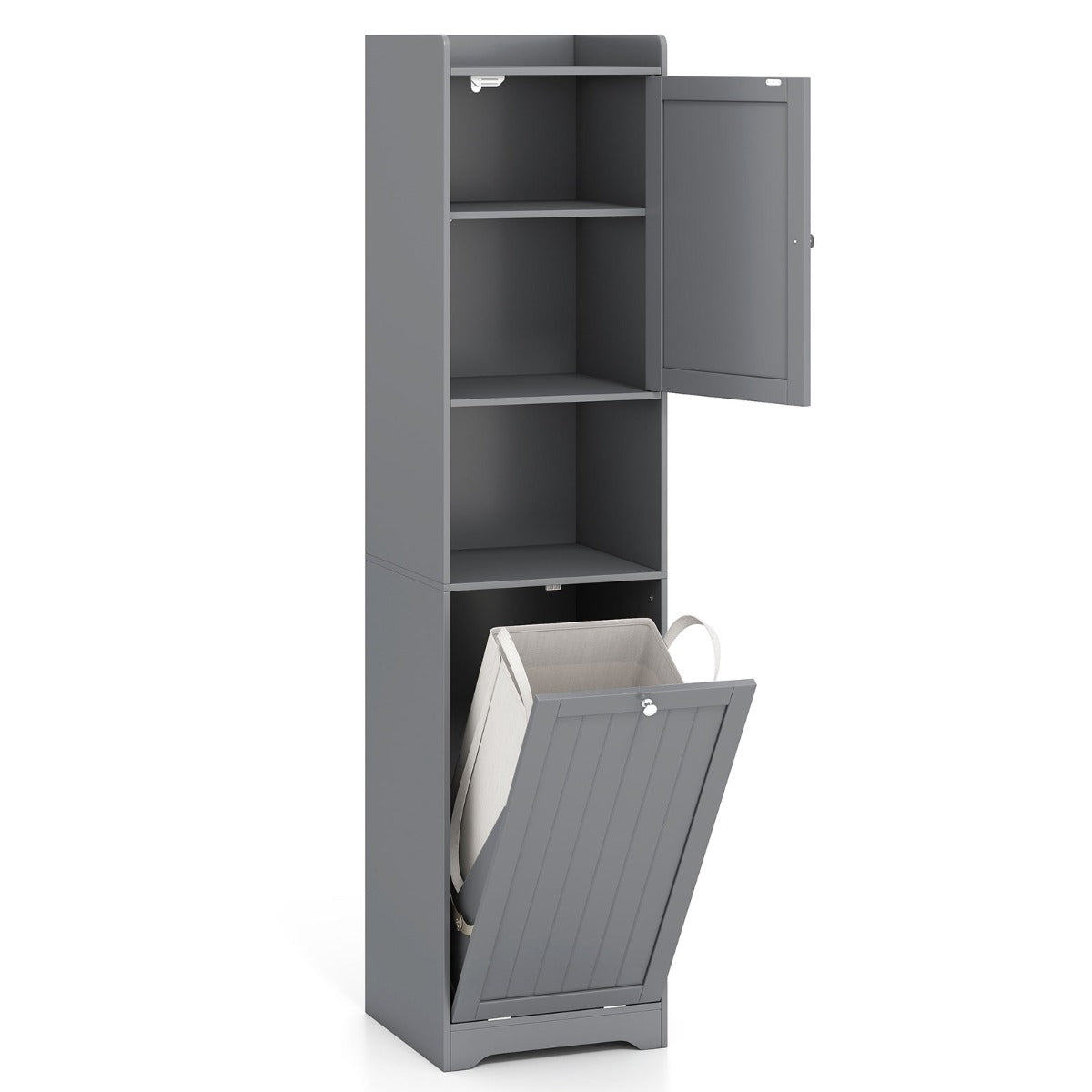 LIVSK Hoge Badkamerkast met Wasmand - Verstelbare Planken - Ruimtebesparend - Krasbestendig - 40 x 40 x 170 cm - Grijs