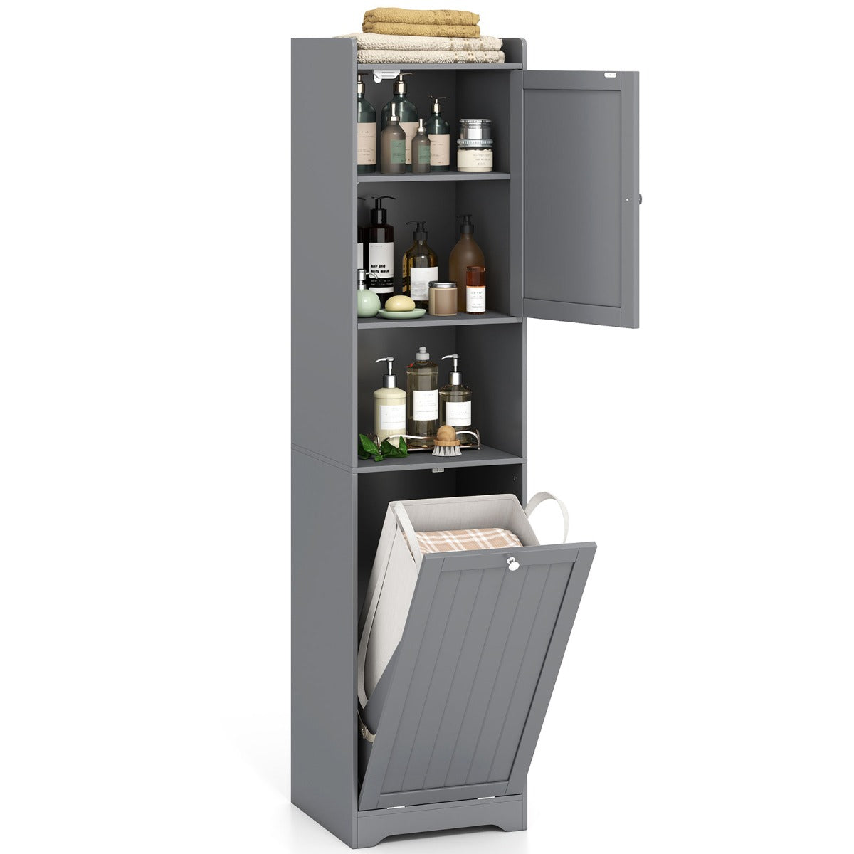 LIVSK Hoge Badkamerkast met Wasmand - Verstelbare Planken - Ruimtebesparend - Krasbestendig - 40 x 40 x 170 cm - Grijs
