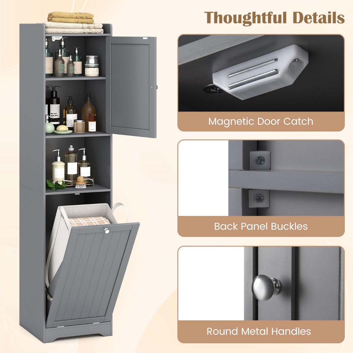 LIVSK Hoge Badkamerkast met Wasmand - Verstelbare Planken - Ruimtebesparend - Krasbestendig - 40 x 40 x 170 cm - Grijs