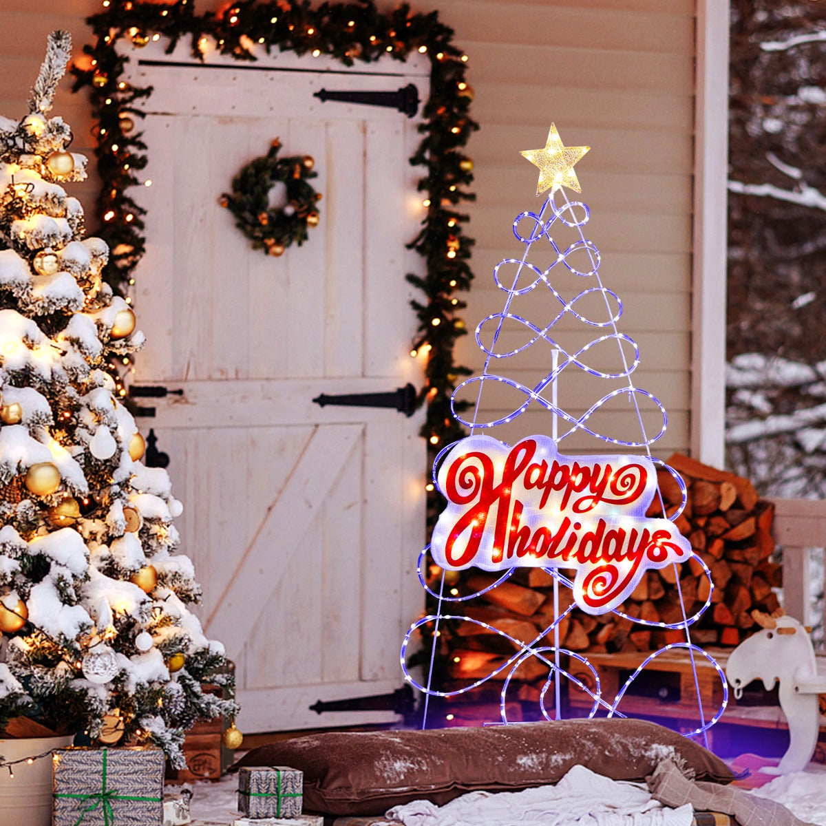 LIVSK Kleurrijke Kerstboom 170 cm - 216 LED-lampjes - 6 Verlichtingsstanden - Stevig Metalen Frame - Voor Binnen & Buiten -