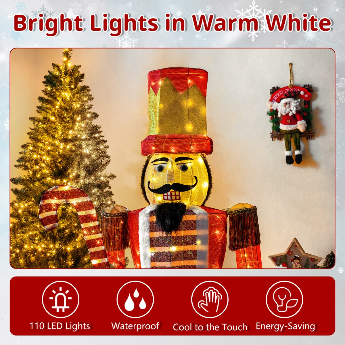 Livsk costway 170 cm verlichte notenkraker soldaat buitenkerstversiering 3d kerstversiering voorverlicht met 110 led lampjes 3