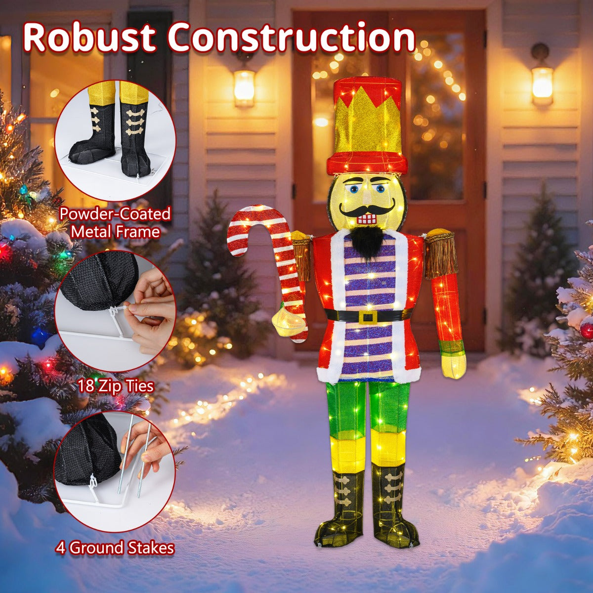 Livsk costway 170 cm verlichte notenkraker soldaat buitenkerstversiering 3d kerstversiering voorverlicht met 110 led lampjes 4
