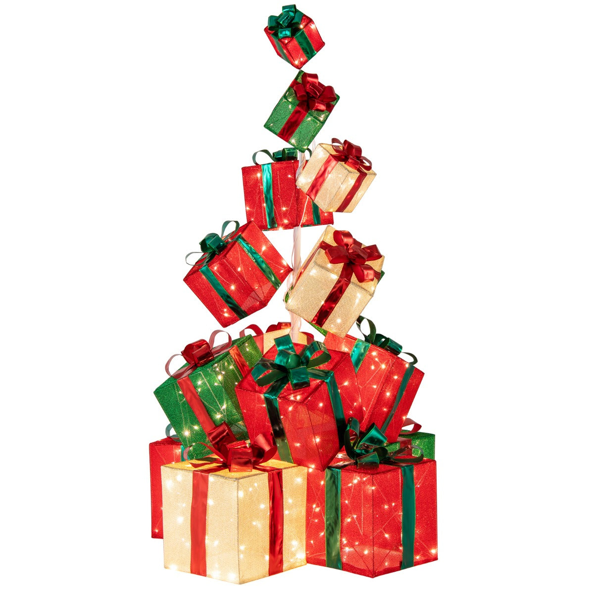 LIVSK Verlichte Kerstdecoratie - Set van 15 Geschenkdozen - 450 Lampjes - Elegante Lintstrikken - Stabiele Basis - Rood + Groen +