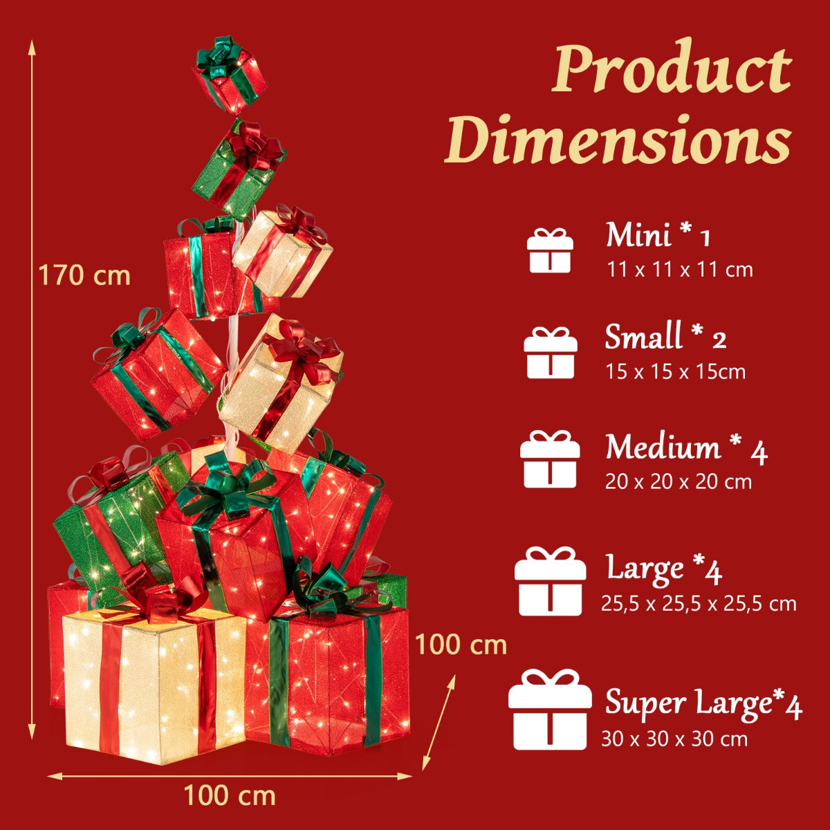 LIVSK Verlichte Kerstdecoratie - Set van 15 Geschenkdozen - 450 Lampjes - Elegante Lintstrikken - Stabiele Basis - Rood + Groen +