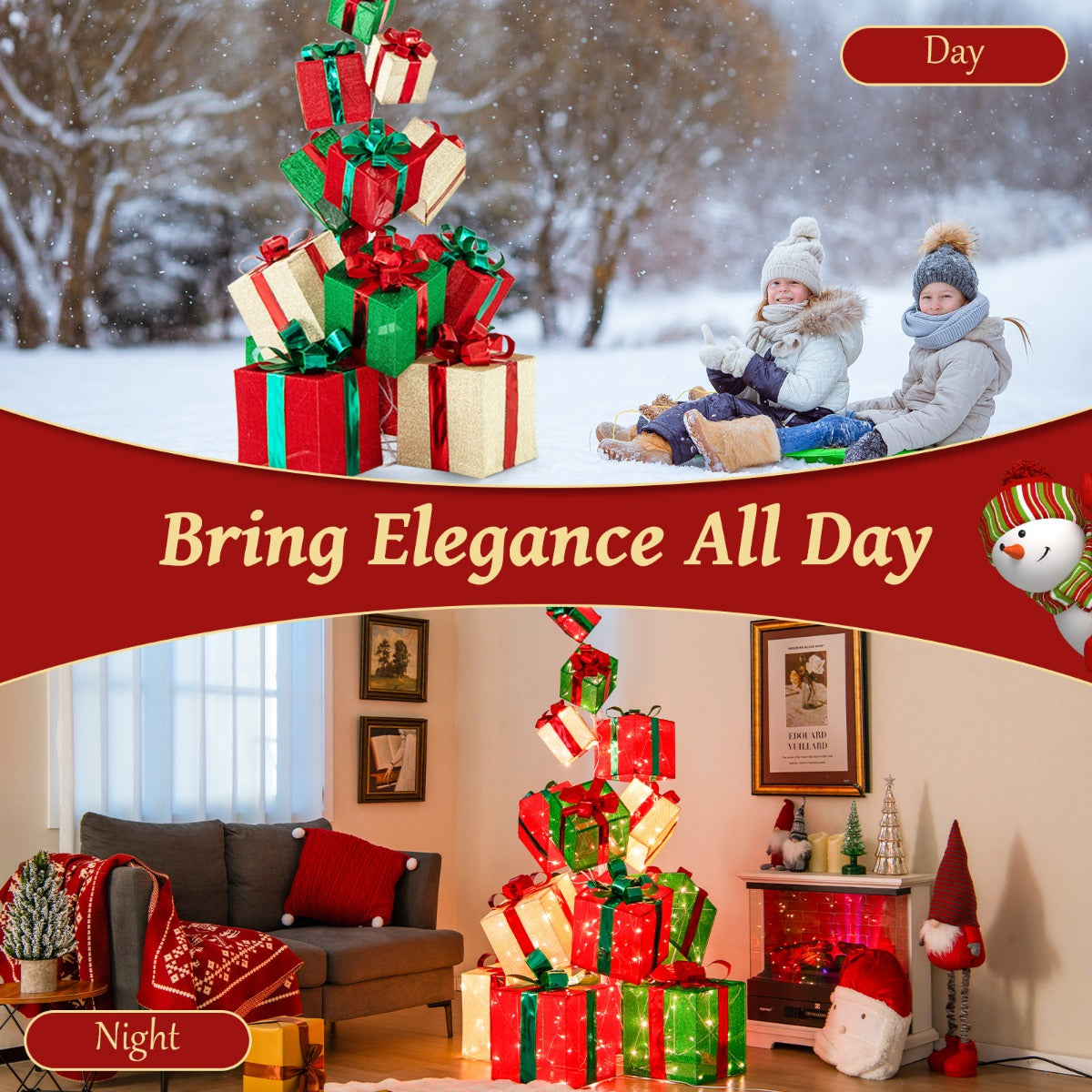 LIVSK Verlichte Kerstdecoratie - Set van 15 Geschenkdozen - 450 Lampjes - Elegante Lintstrikken - Stabiele Basis - Rood + Groen +