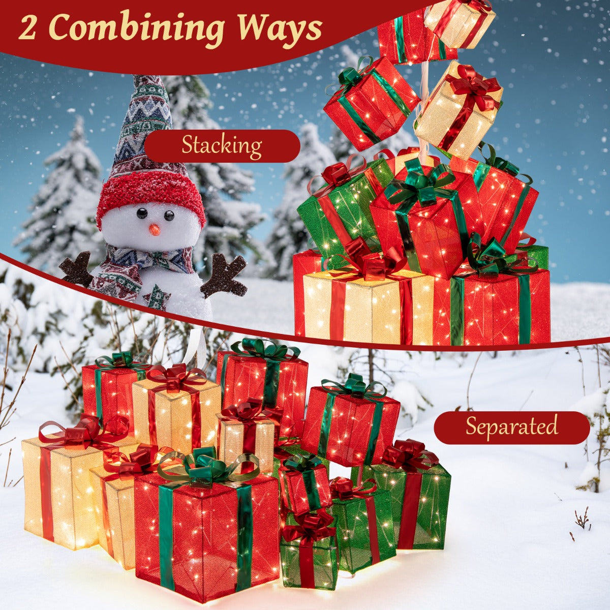 LIVSK Verlichte Kerstdecoratie - Set van 15 Geschenkdozen - 450 Lampjes - Elegante Lintstrikken - Stabiele Basis - Rood + Groen +