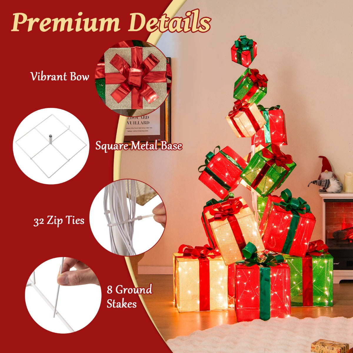 LIVSK Verlichte Kerstdecoratie - Set van 15 Geschenkdozen - 450 Lampjes - Elegante Lintstrikken - Stabiele Basis - Rood + Groen +