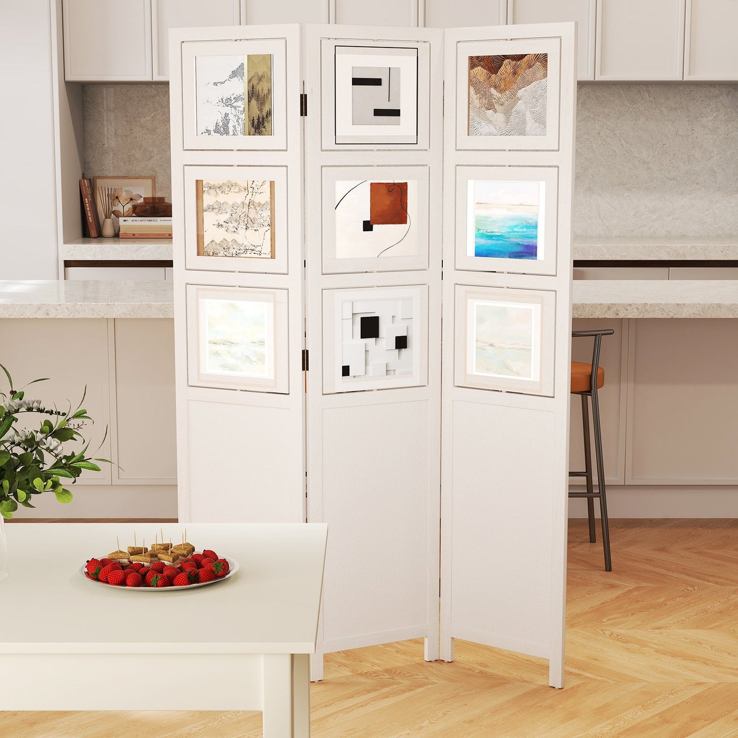LIVSK 3-delig Kamerscherm met Draaibare Fotolijsten - 121 x 170 cm - Stabiel en Opvouwbaar - Voor Woonkamer en Kantoor - Wit &
