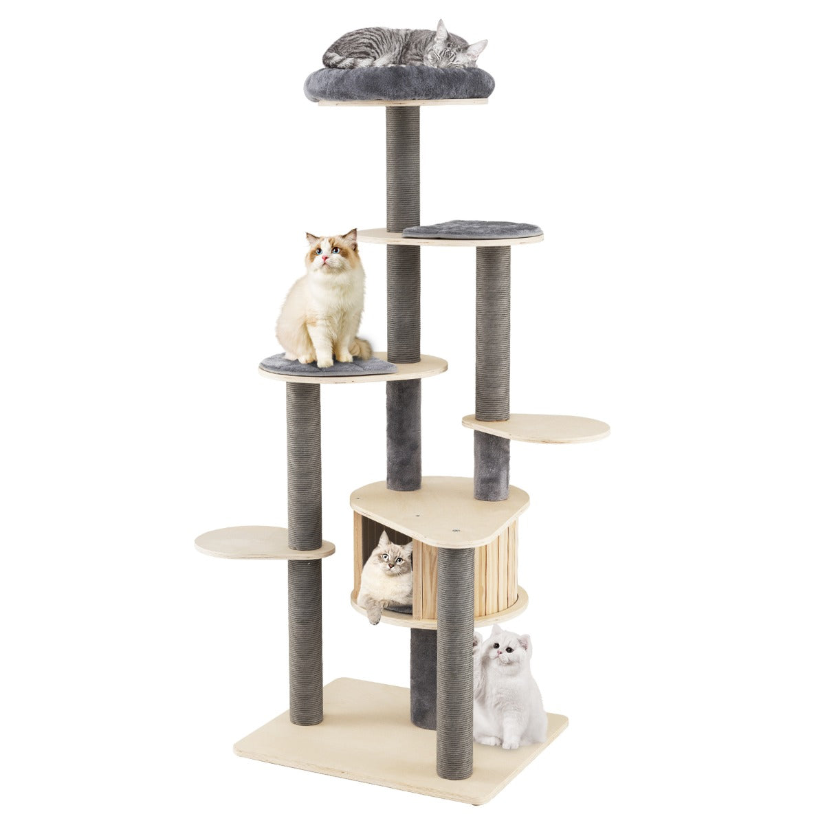 Livsk costway 172 cm hoge krabpaal kattenboom met meerdere verdiepingen en comfortabel bekleed zitplatform bovenaan grijs 1 1