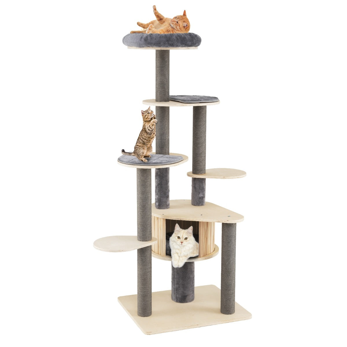 Livsk costway 172 cm hoge krabpaal kattenboom met meerdere verdiepingen en comfortabel bekleed zitplatform bovenaan grijs