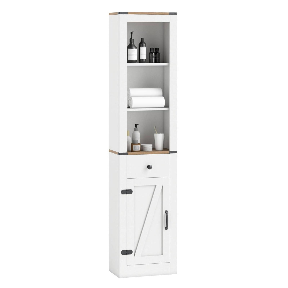 Livsk costway 173 cm badkamermeubel smalle hoge kast met schuurdeur lade en verstelbare plank wit 1 1
