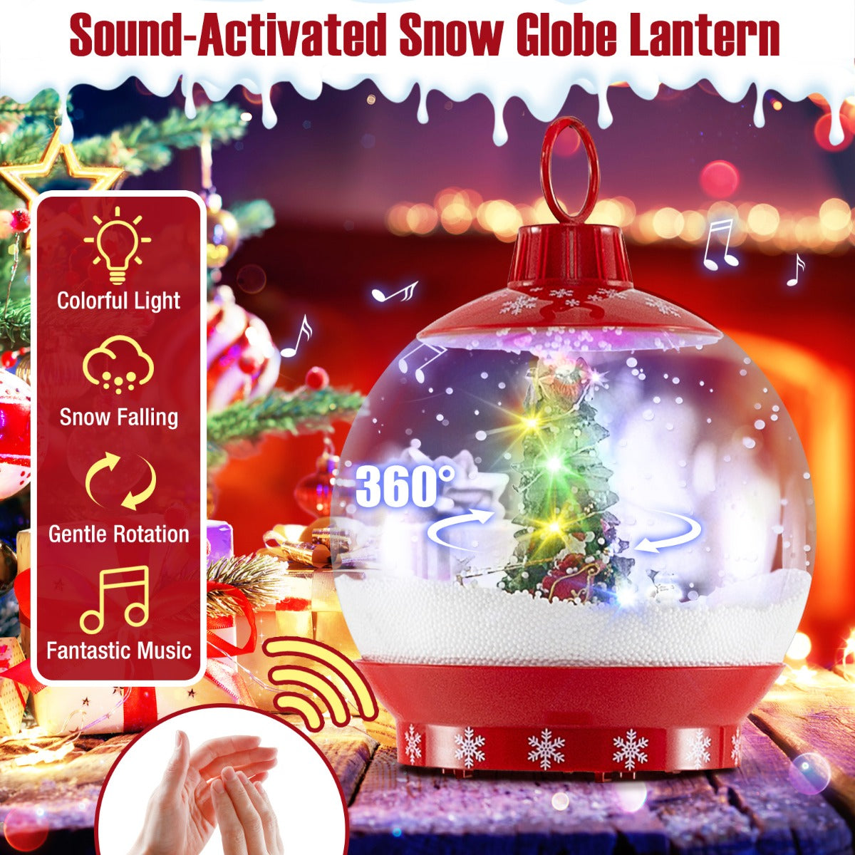 LIVSK Muzikale Kerstlamp met Geluid-Activatie - Draaiende Scène met Kerstman en Sneeuwpop - Eenvoudige Installatie - Rood