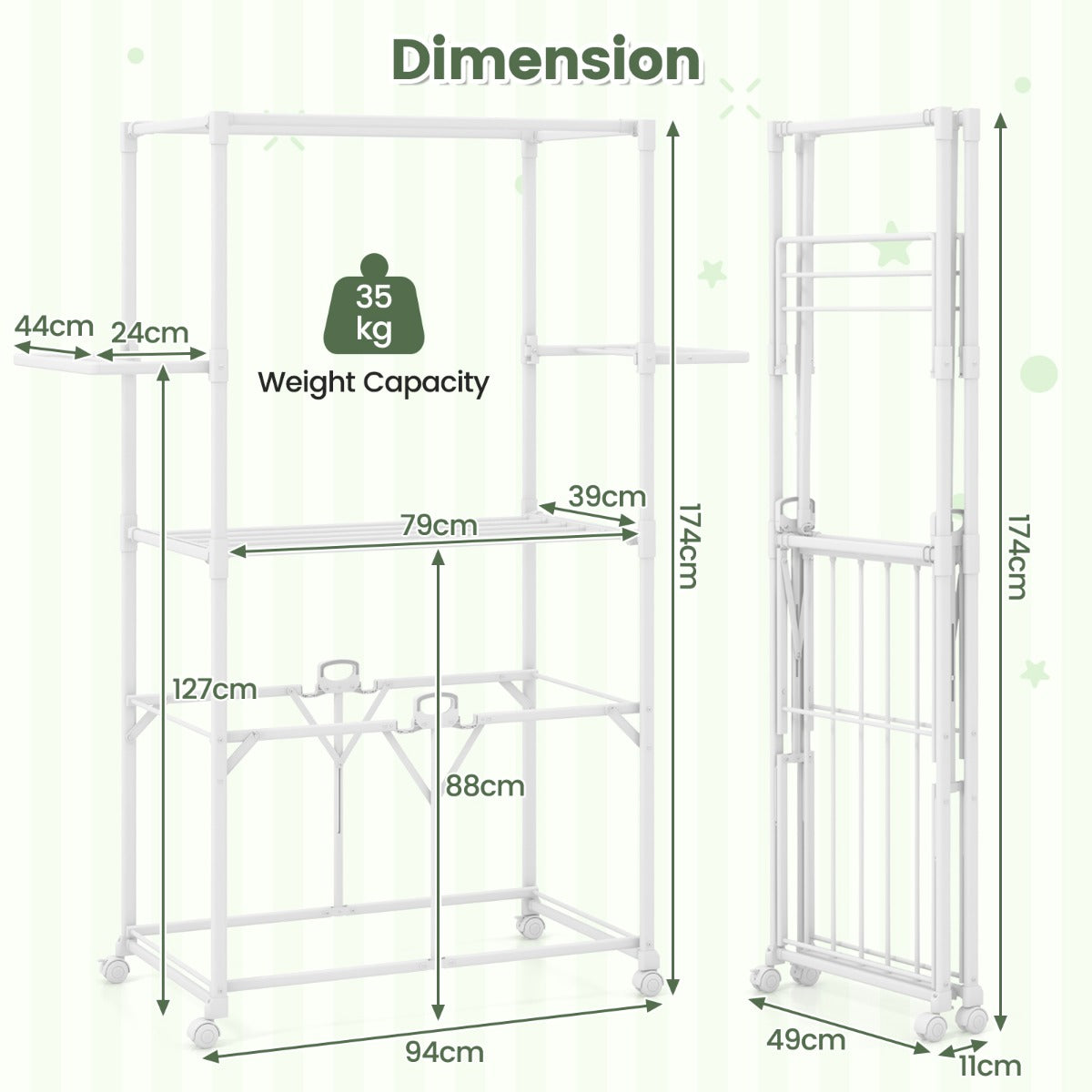 Livsk costway 174 cm opvouwbare kledingrek van aluminium met ophangbeugel en kledinghanger 1 1