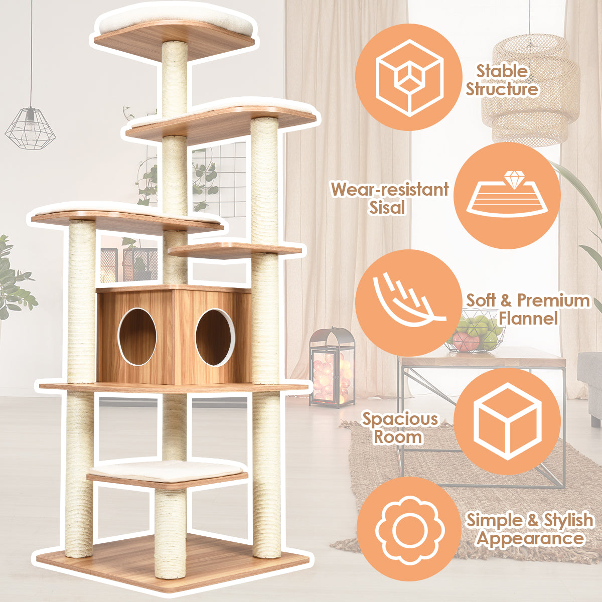 LIVSK Kattenboom - 6 Platforms - Krabpalen met Sisaltouw - Ruime Kattenkamer met Pluche Kussens - 175 x 86,5 x 86,5 cm - Zoals