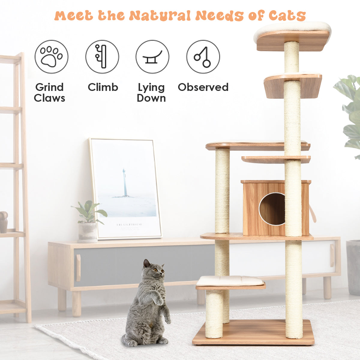 LIVSK Kattenboom - 6 Platforms - Krabpalen met Sisaltouw - Ruime Kattenkamer met Pluche Kussens - 175 x 86,5 x 86,5 cm - Zoals
