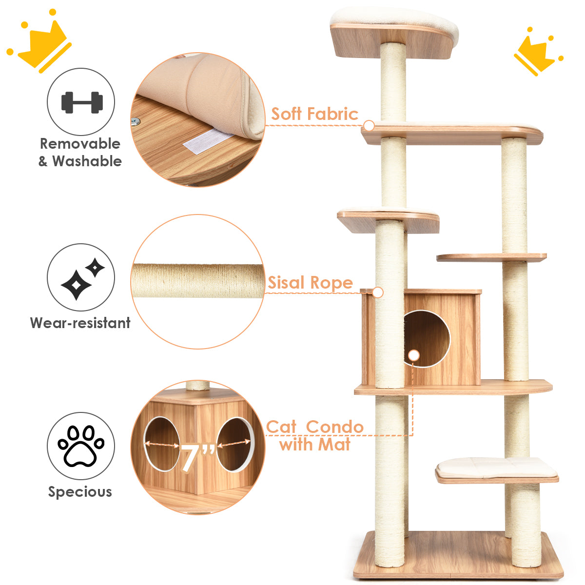 LIVSK Kattenboom - 6 Platforms - Krabpalen met Sisaltouw - Ruime Kattenkamer met Pluche Kussens - 175 x 86,5 x 86,5 cm - Zoals