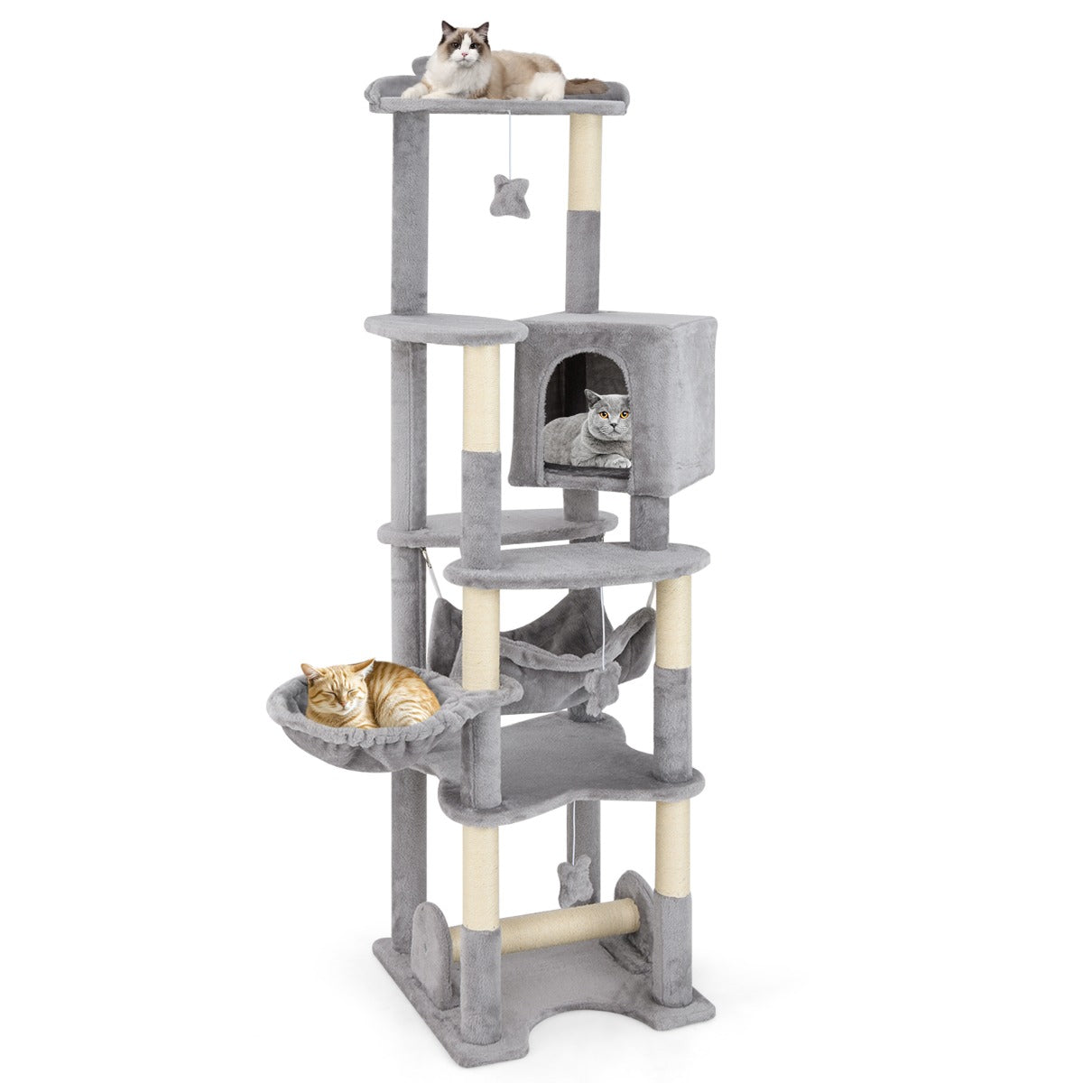 LIVSK Kattentoren - Met Krabpalen en Hangmat - Meerdere Niveaus - Compact Design - Totale Hoogte 176 cm - Grijs