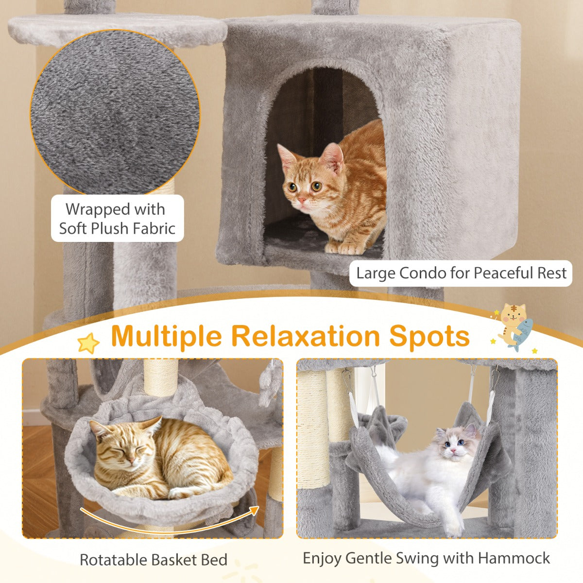 LIVSK Kattentoren - Met Krabpalen en Hangmat - Meerdere Niveaus - Compact Design - Totale Hoogte 176 cm - Grijs