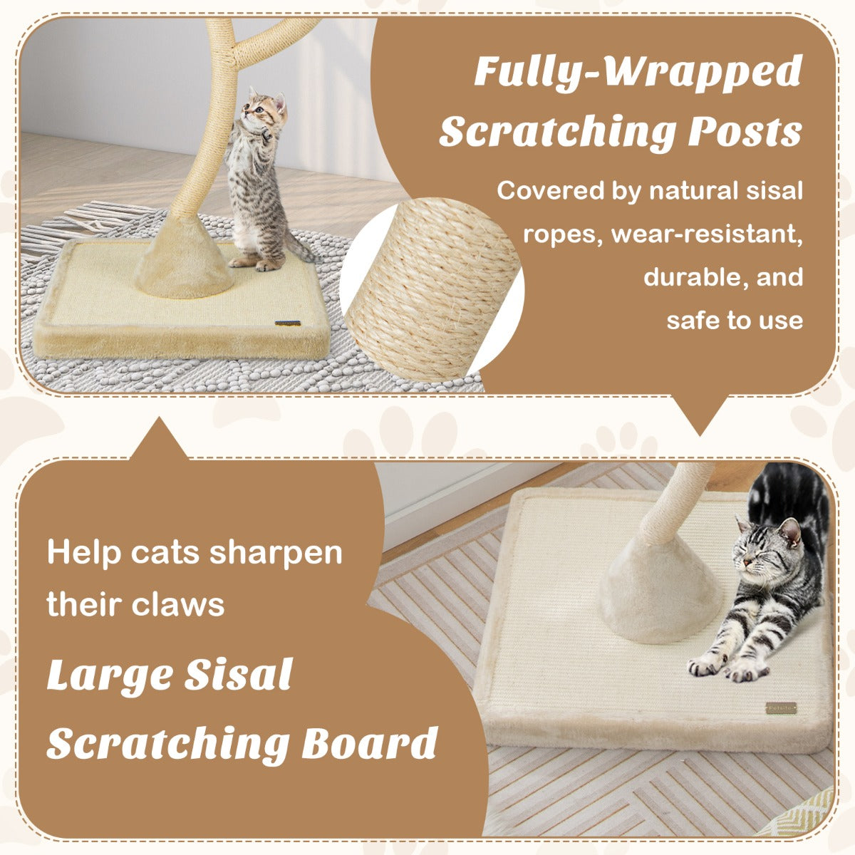 LIVSK Krabpaal met Klimboom - 178 cm Hoog - Stevig Metalen Frame - 3 Ligvlakken - Inclusief Hangende Ballen - Beige