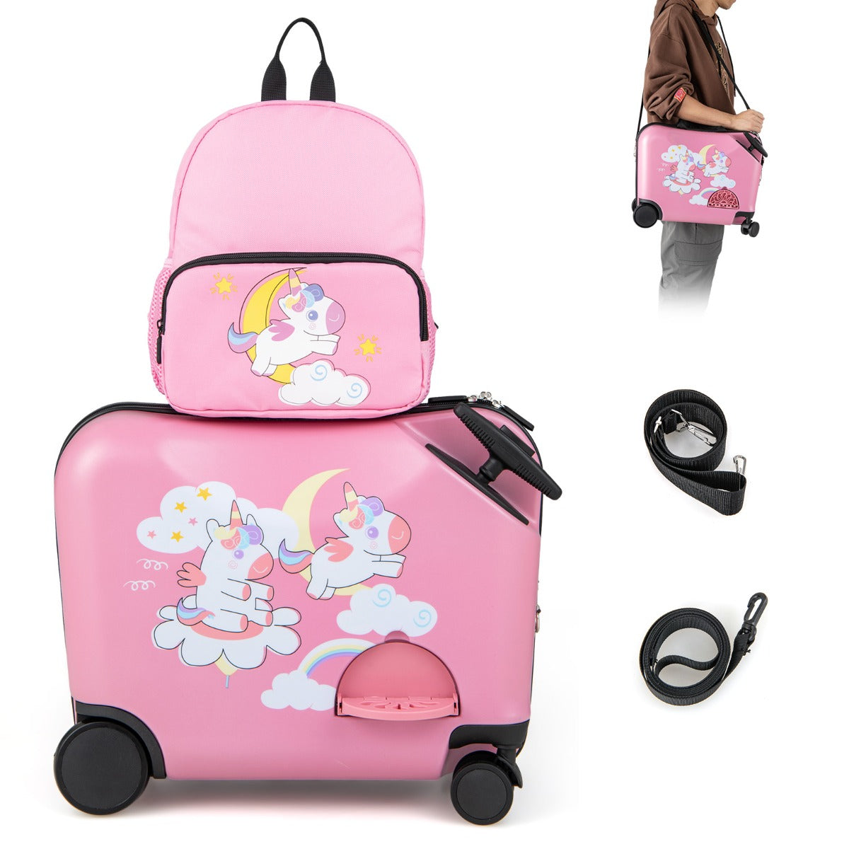 LIVSK Kinderbagageset - Harde Koffer 18 inch en Rugzak 12 inch - Zwenkwielen - Intrekbare Handgreep - Voor Kinderen - Roze