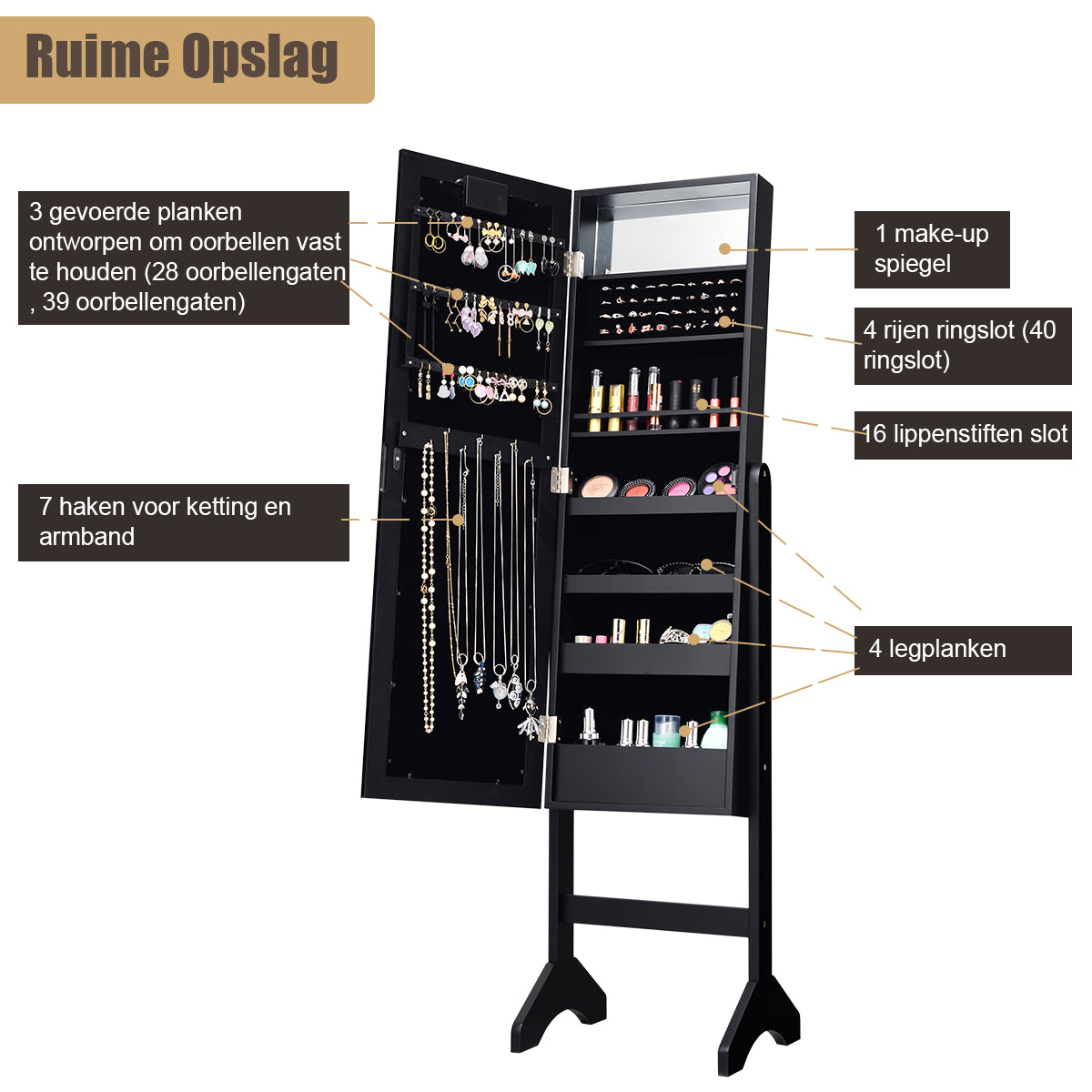 LIVSK Verstelbare LED Sieradenkast - Volledige Spiegel - 18 LED's - Ruimte voor 40 Ringen - Hoogwaardig MDF - Zwart
