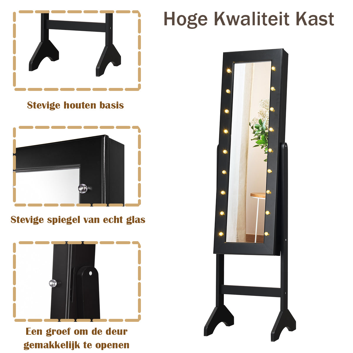LIVSK Verstelbare LED Sieradenkast - Volledige Spiegel - 18 LED's - Ruimte voor 40 Ringen - Hoogwaardig MDF - Zwart