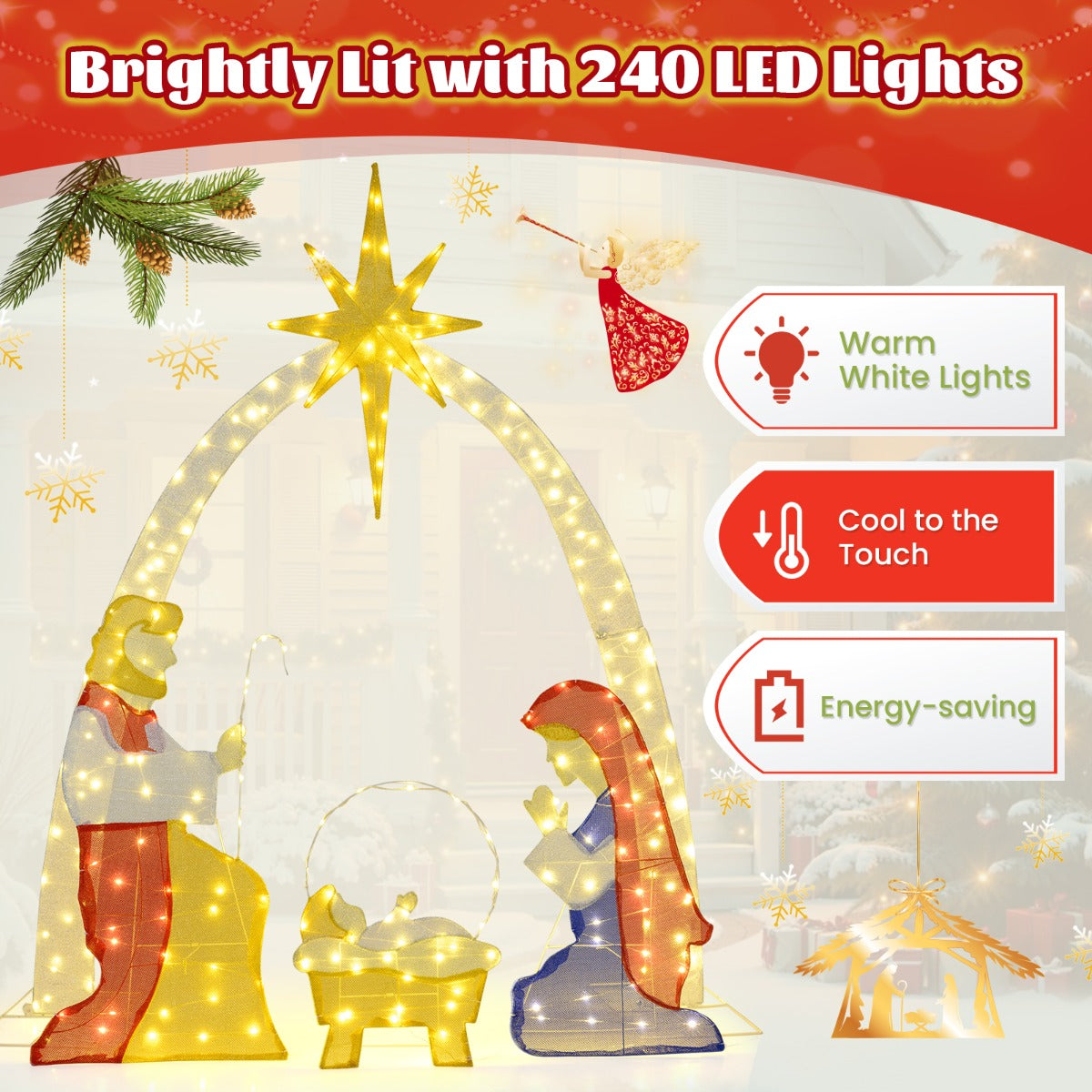 Livsk costway 18 m verlichte kerststal voorgemonteerde heilige familie kerststal met 240 warmwitte led lampjes kerstversiering 3