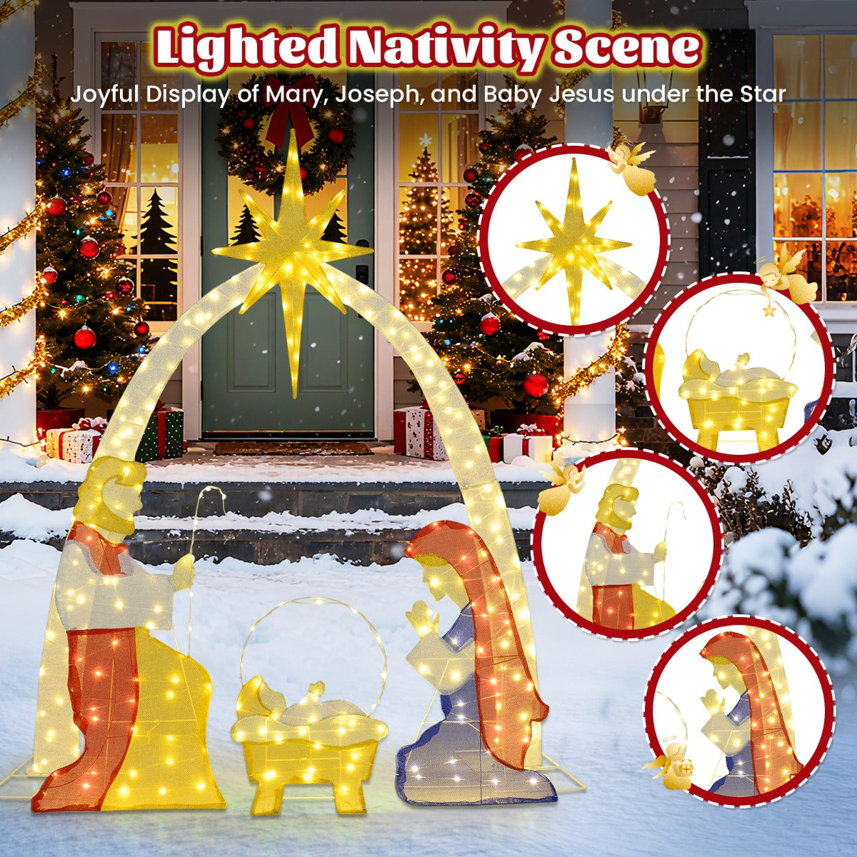 Livsk costway 18 m verlichte kerststal voorgemonteerde heilige familie kerststal met 240 warmwitte led lampjes kerstversiering 5