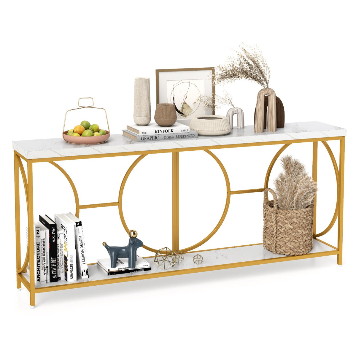 LIVSK Entreetafel - Faux-marmeren Blad - Gouden Metalen Frame - Ruime Opbergruimte - 180 x 30 x 80 cm - Wit + Goud