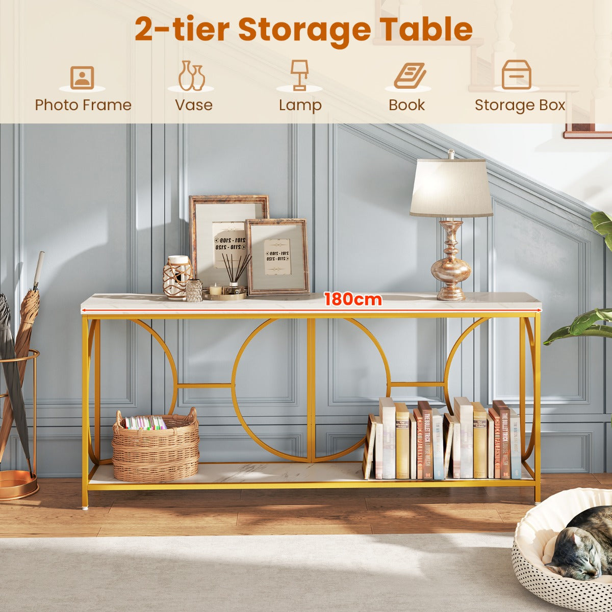 LIVSK Entreetafel - Faux-marmeren Blad - Gouden Metalen Frame - Ruime Opbergruimte - 180 x 30 x 80 cm - Wit + Goud