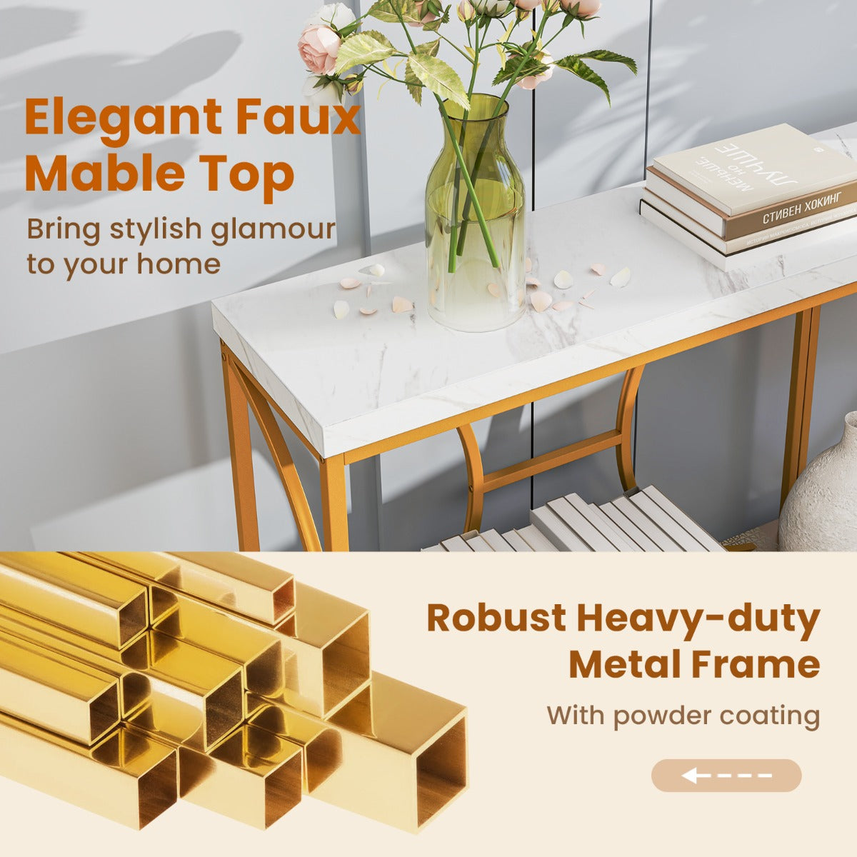 LIVSK Entreetafel - Faux-marmeren Blad - Gouden Metalen Frame - Ruime Opbergruimte - 180 x 30 x 80 cm - Wit + Goud