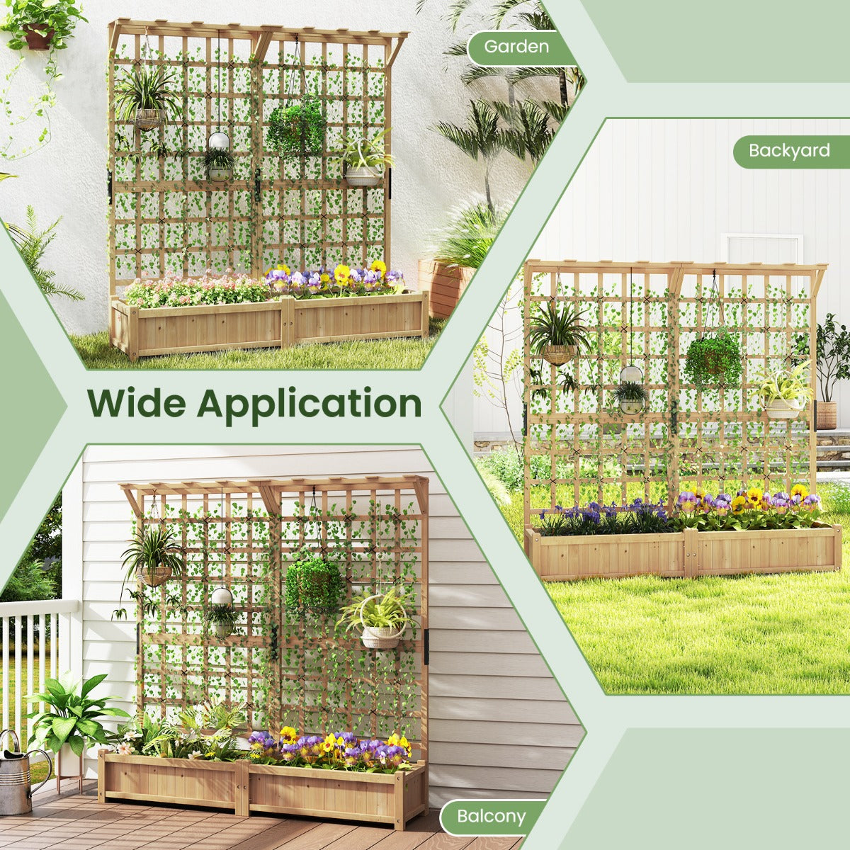 Livsk costway 180 cm grote houten plantenbak met latwerk hangend blad twee plantenbakken vier afwateringsgaten en verwijderbaar bodempaneel