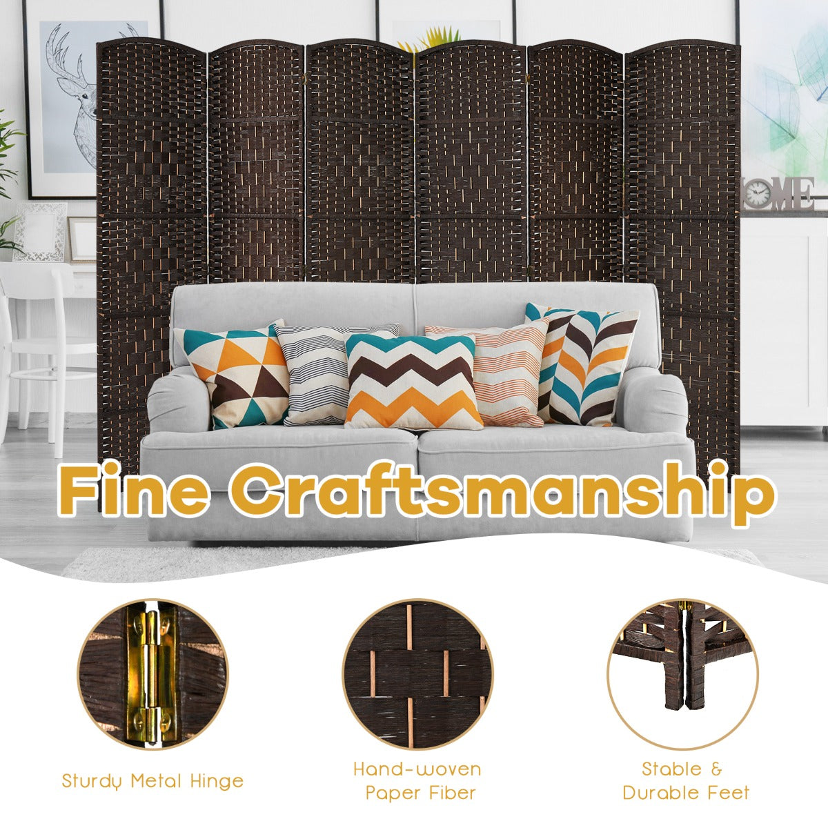 Livsk costway 180 cm handgeweven rotan scheidingswand opvouwbaar zichtscherm met natuurlijk houten frame bruin 2