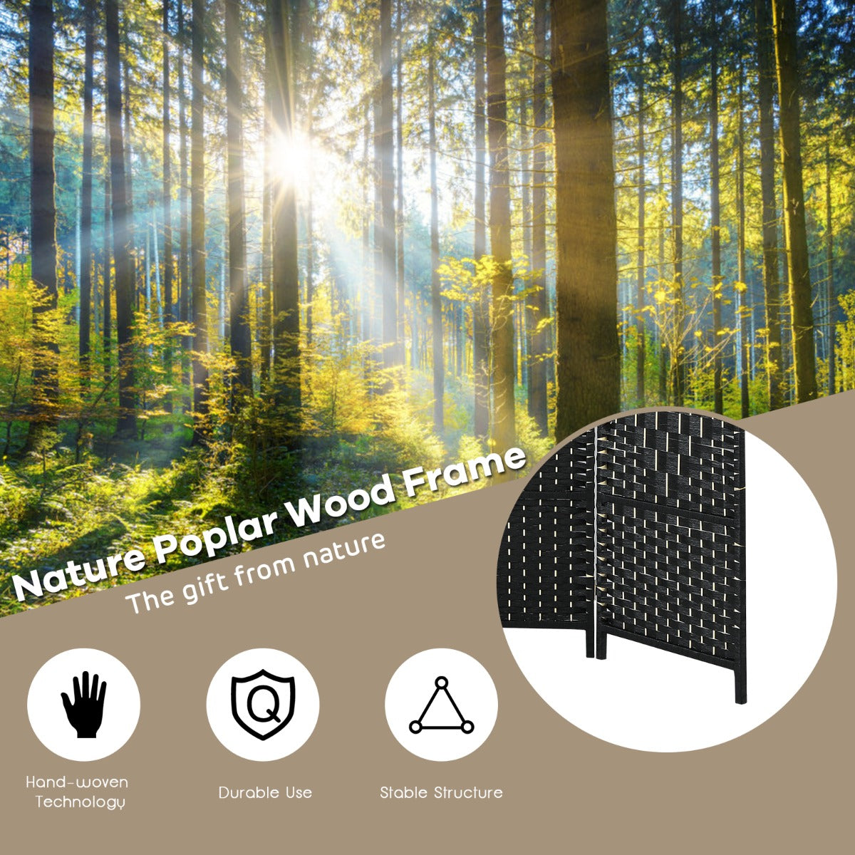 Livsk costway 180 cm handgeweven rotan scheidingswand opvouwbaar zichtscherm met natuurlijk houten frame zwart 3