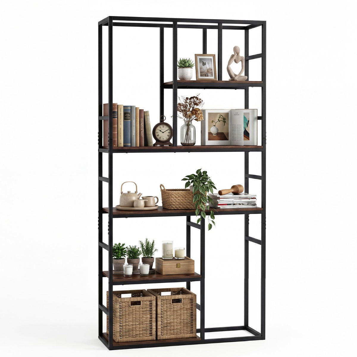 Livsk costway 180 cm hoge boekenkast geometrische staande kast met 5 niveaus open opbergvak en metalen frame