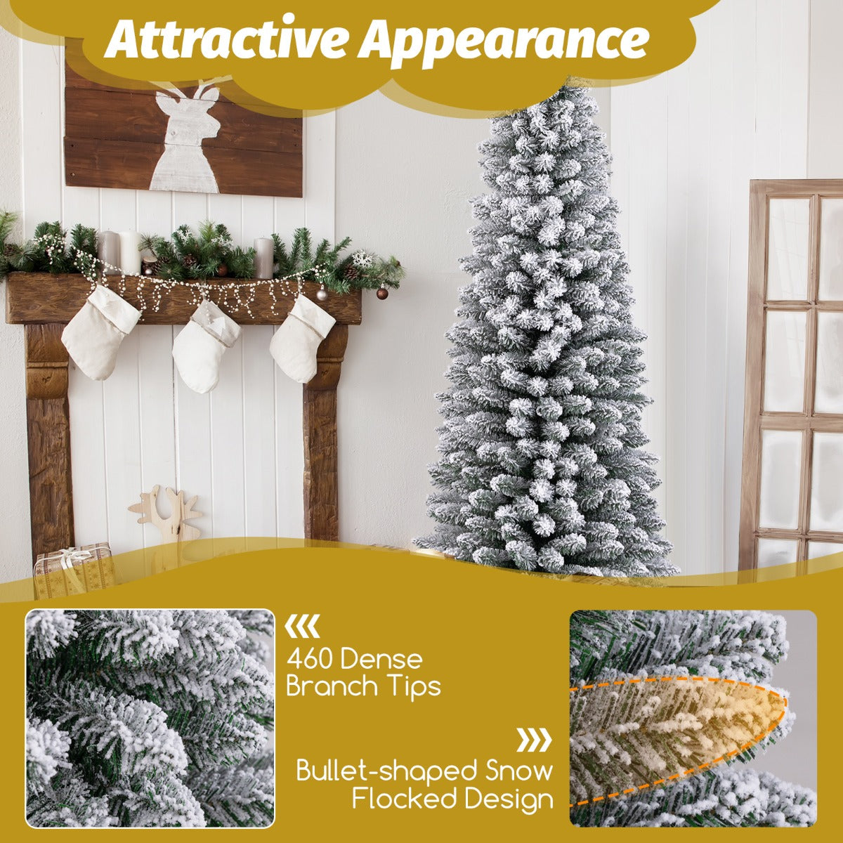 LIVSK Kunstkerstboom - Potloodvormig met Sneeuwvlokafwerking - 460 Takken - Vlamvertragend PVC - 180 cm - Groen + Wit