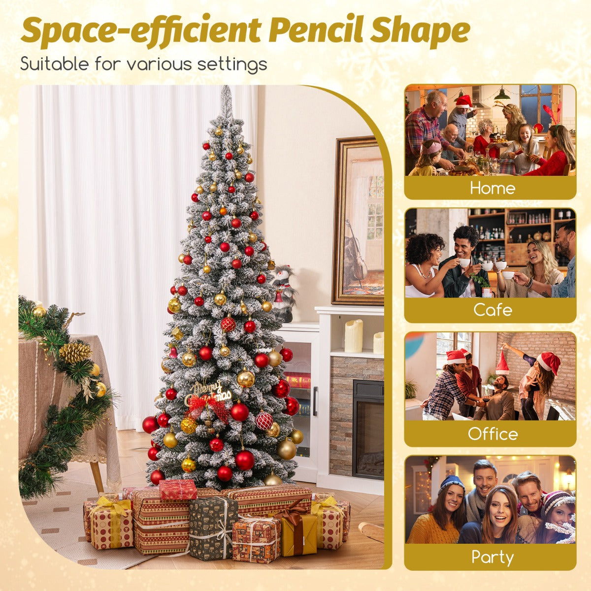 LIVSK Kunstkerstboom - Potloodvormig met Sneeuwvlokafwerking - 460 Takken - Vlamvertragend PVC - 180 cm - Groen + Wit